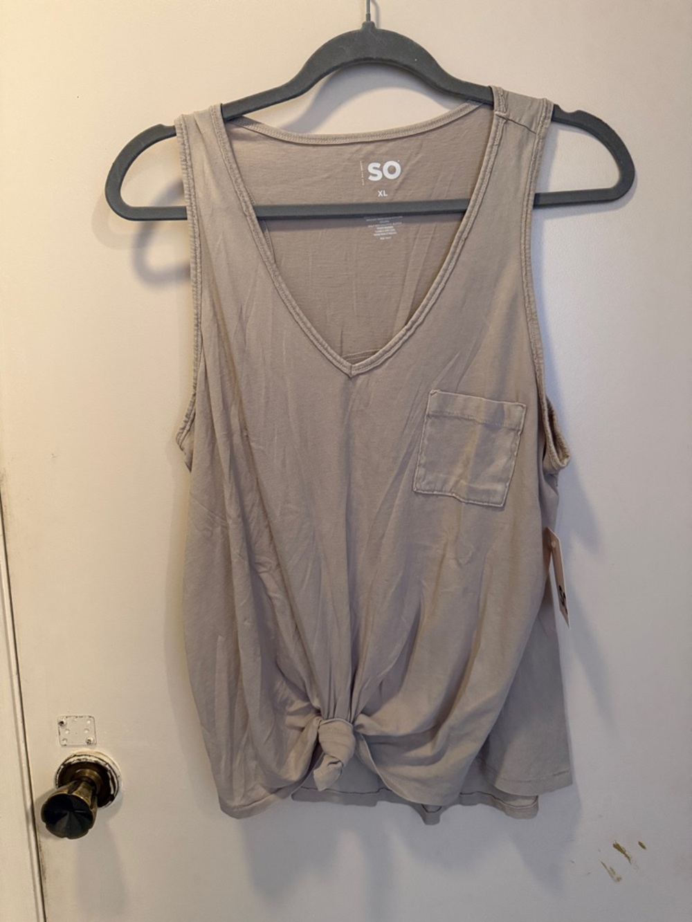 SO Taupe Knot-Front V-Neck Tank Top